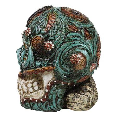 Ebros Gift Faux Leather Finish Turquoise Floral Scrollwork with Layered Cross Skull Money Coin Bank Figurine Gothic Ossuary Macabre Sculpture_2