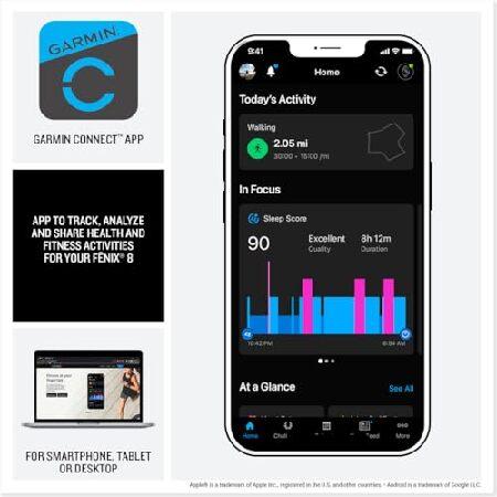 Garmin f?nix(R) 8 - 43mm, AMOLED, Sapphire, Premium Multisport GPS Smartwatch, Long-Lasting Battery Life, Dive-Rated, Built-in LED Flashlight, Soft Goの画像