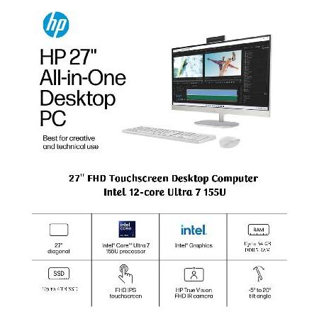 HP All-in-One Desktop - 27'' FHD Touchscreen Computer， Windows 11 Pro， Wireless KB ＆ Mouse， Intel 12-core Ultra 7 155U， Wi-Fi 6， Bluetooth， Adjustabl