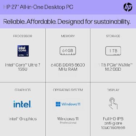 日本HP - HP 27 inch All-インチ-One Touchscreen Desktop Computer, Intel 12-core Ultra 7 155U, 64 GB DDR5 ランダムアクセス記憶装置, 1 結核症 SSD, Wireless KB ＆ Mouse, Adjustable Height, 固定ディスク