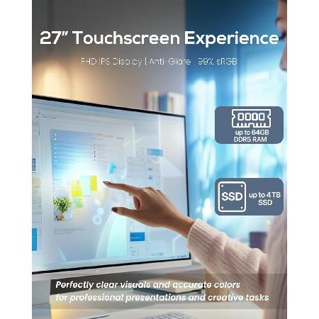 HP All-in-One Desktop， 27” FHD Touch， Intel Ultra 7 155U， 32GB DDR5 RAM， 2TB SSD， Windows 11 Pro， FHD Webcam， Wireless KB ＆ Mouse， Wi-Fi 6， Bluetoot