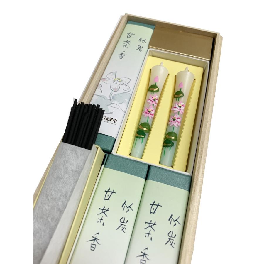 訃報を後で知った場合供物 お線香ろうそくセット 竹炭甘茶香と手書き絵ろうそく 3号 蓮 2本 1122 香老舗 淡路梅薫堂のお線香 お香 通販 Yahoo ショッピング