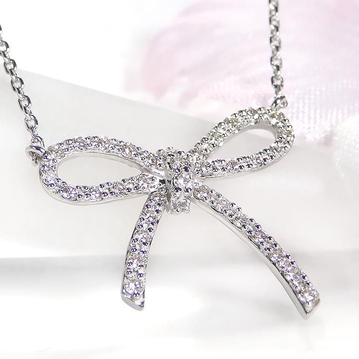 pt900 プラチナ ダイヤモンド ダイヤ ネックレス ペンダント リボン 細め 0.2ct 可愛い ben0083の画像