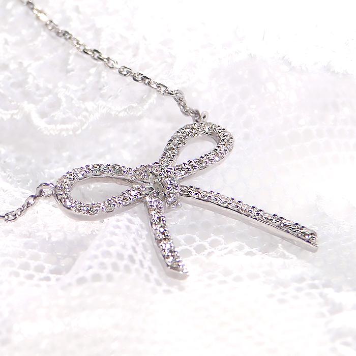 pt900 プラチナ ダイヤモンド ダイヤ ネックレス ペンダント リボン 細め 0.2ct 可愛い ben0083の画像
