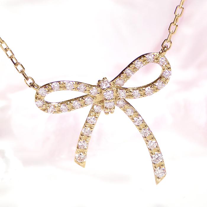 K18 YG WG PG ゴールド ダイヤモンド ダイヤ ネックレス ペンダント リボン 細め 0.2ct 18金 18k 可愛い ben0084の画像