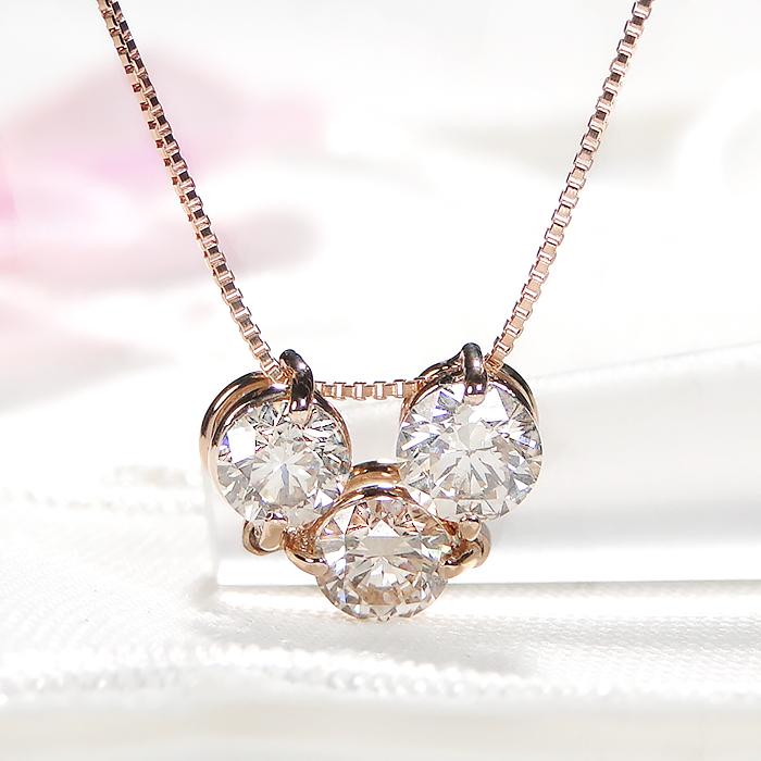 K18PG 1.0ct スリーストーン ダイヤモンド ネックレス ダイヤ ペンダント ツーウエイ 3石 3粒 2way ゴールド 人気 ４月 誕生石 プレゼント ben0118の画像