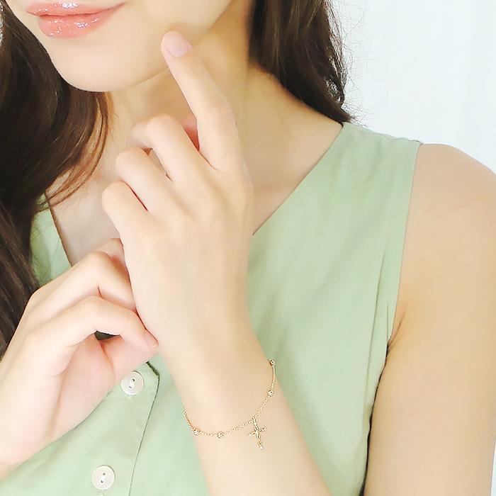 K18YG 地金 ボール ダイヤモンド クロス アンクレット ブレスレット