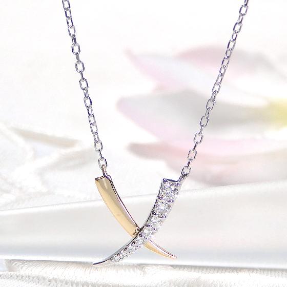 Pt900 K18YG 0.10ct ダイヤモンド ネックレス 送料無料 18金 K18 18K