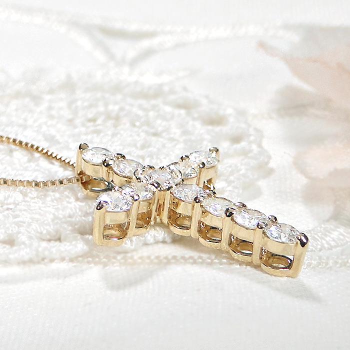 K18YG 0.85ct ダイヤモンド ネックレス ペンダント 十字架 K18 ゴールド 可愛い ダイヤ お守り アミュレット シンプル 人気 定番 オシャレ 送料無料 ben0176の画像