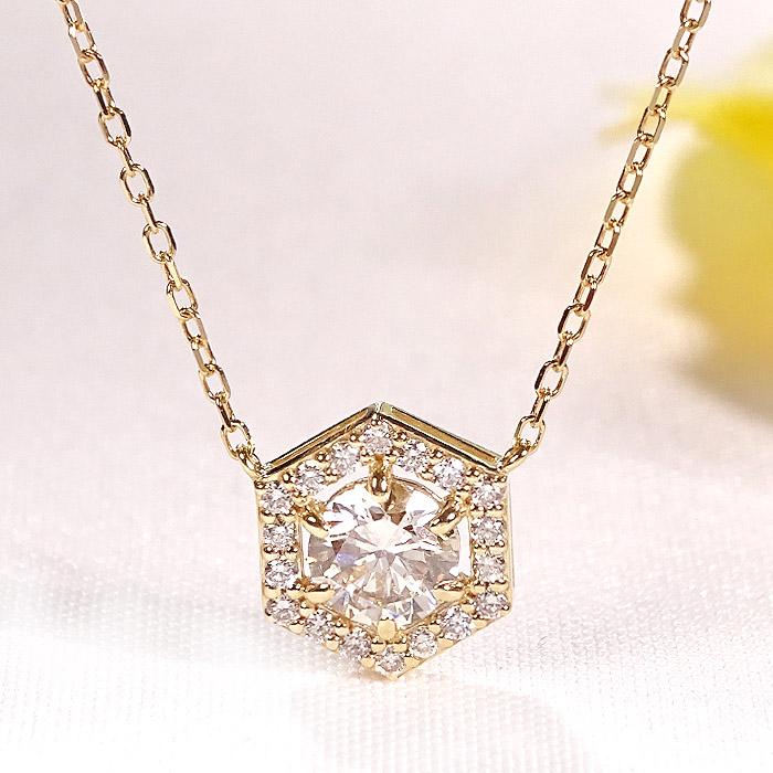 K18 YG PG WG 0.6ct 六角形モチーフ ダイヤモンド ネックレス K18 18金 ゴールド ペンダント ダイヤ 人気 送料無料 シャープ ヘキサゴン 六角 シンプル ben0192の画像