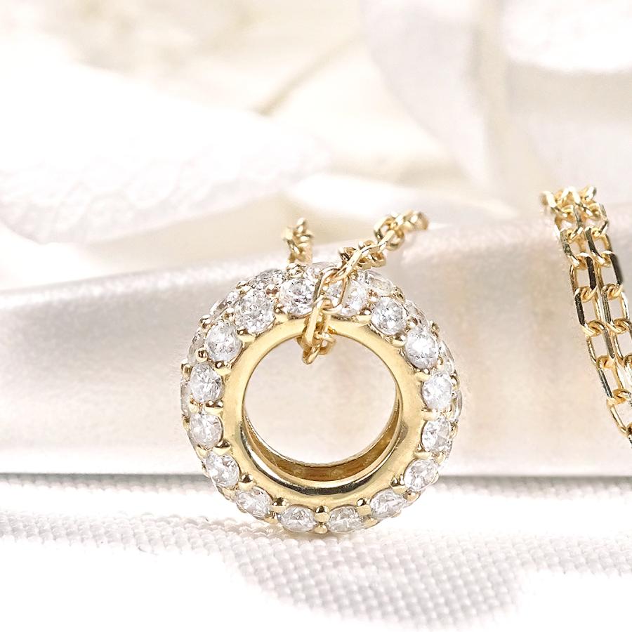 K18YG 0.38ct パヴェ ダイヤモンド ネックレス K18 18金 イエローゴールド ゴールド ペンダント ダイヤ 送料無料 輪 サークル ペーパークリップチェーン ben0195の画像
