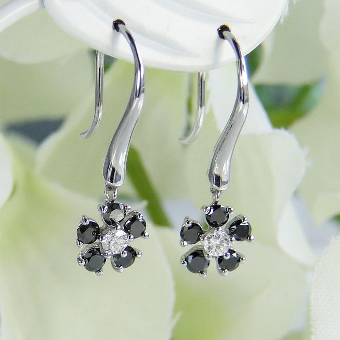 ホワイトゴールド k18 WG ブラック ダイヤモンド フラワー フック ピアス 揺れる かわいい 人気 ゴールド お花 花 18金 18k ご褒美 贈り物 誕生日 記念 bep0001の画像