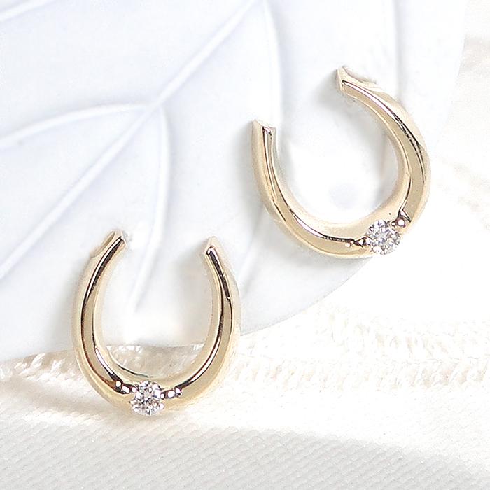 Pt900 K18YG 0.02ct ホースシュー ダイヤモンド ピアス 送料無料 馬蹄