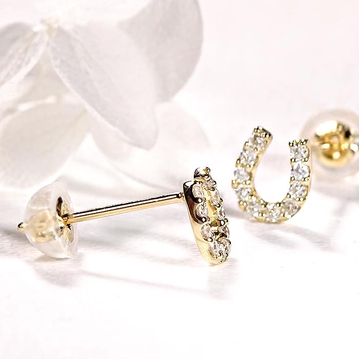 K18YG 0.12ct ホースシュー ダイヤモンド ピアス 送料無料 馬蹄 かわいい 人気 シンプル ダイヤ イエロー ゴールド お守り 4月 誕生石 贈り物 誕生日 bep0026の画像