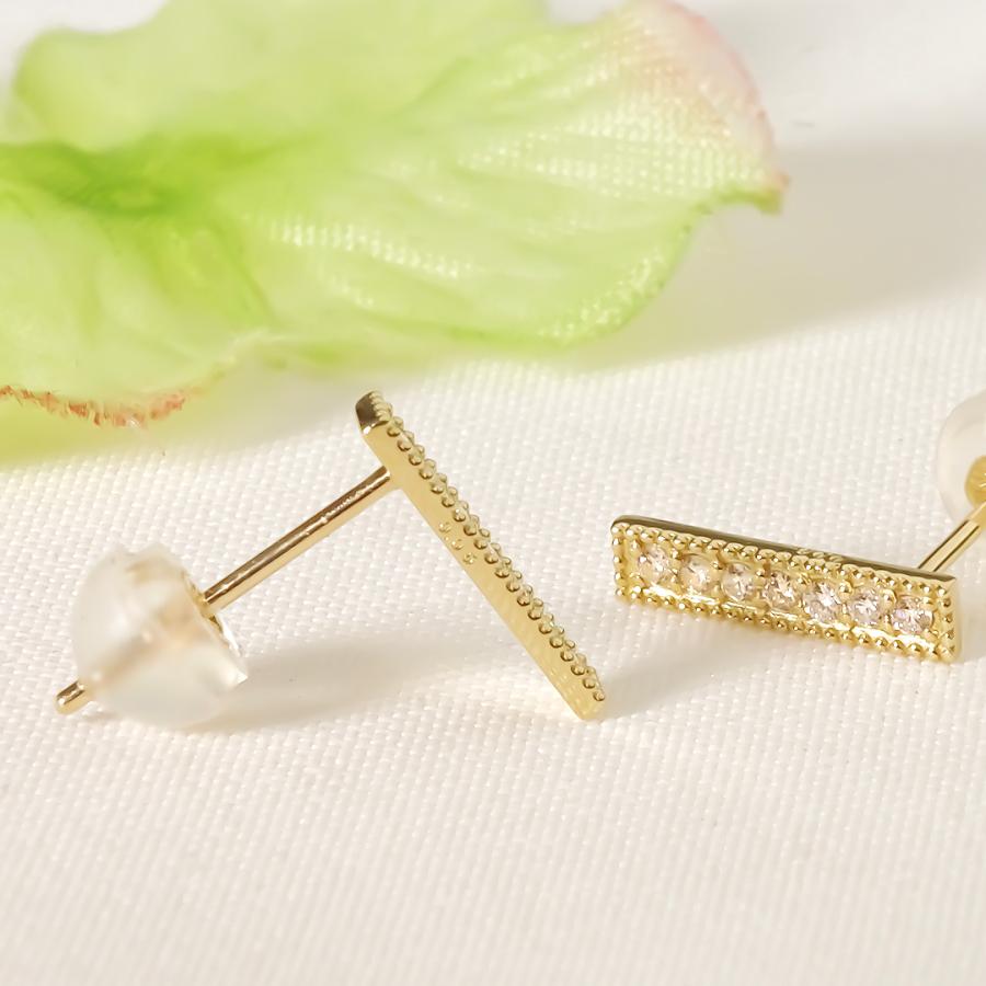 K18YG 0.1ct ミル打ち ダイヤモンド バー ピアス 送料無料 K18 18金 イエローゴールド ダイヤ ダイア ライン バーピアス 上品 可愛い スタッドピアス bep0033の画像