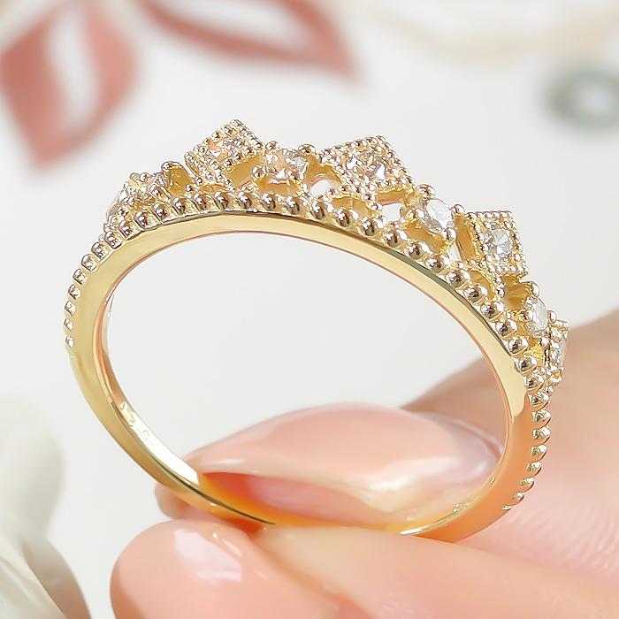 K18YG/PG/WG【0.2ct】クラウンモチーフ ダイヤモンド リング ジュエリー ゴールド ティアラ クラウン 王冠ber0217の画像