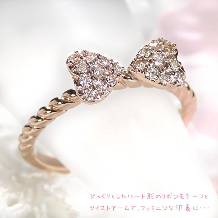 K18YG/PG/WG【0.2ct】ハートリボン ダイヤモンド リング ジュエリー アクセサリー レディース ハート パヴェ ツイスト アーム ４月誕生石 りぼん リボン ber0232の画像