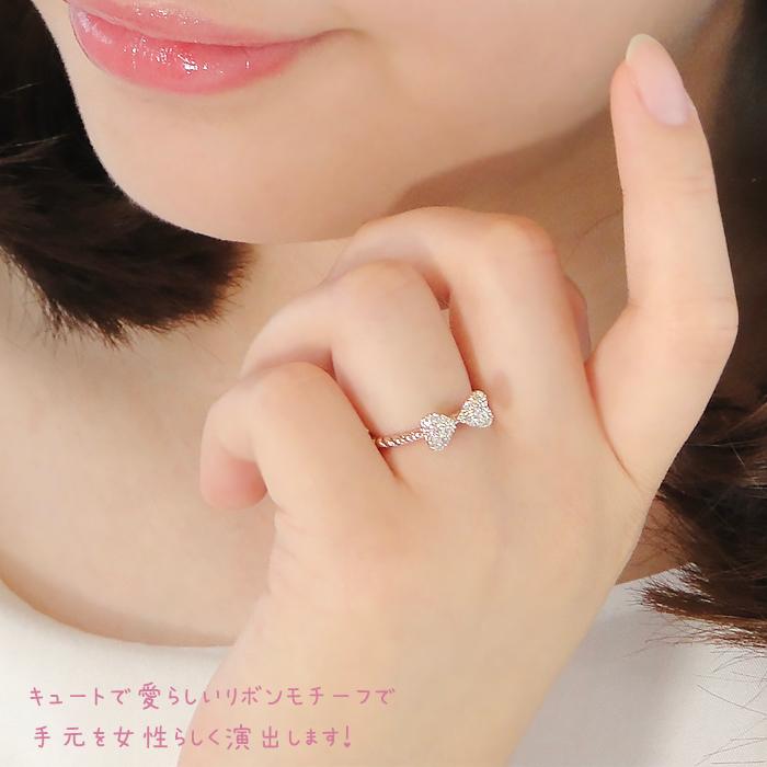 K18YG/PG/WG【0.2ct】ハートリボン ダイヤモンド リング ジュエリー アクセサリー レディース ハート パヴェ ツイスト アーム ４月誕生石 りぼん リボン ber0232の画像
