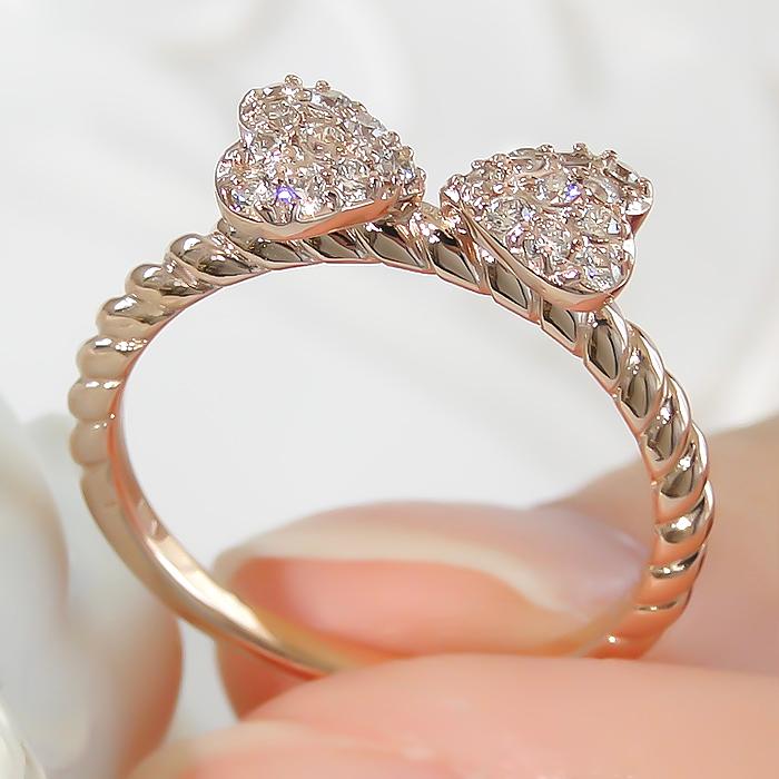 K18YG/PG/WG【0.2ct】ハートリボン ダイヤモンド リング ジュエリー アクセサリー レディース ハート パヴェ ツイスト アーム ４月誕生石 りぼん リボン ber0232の画像
