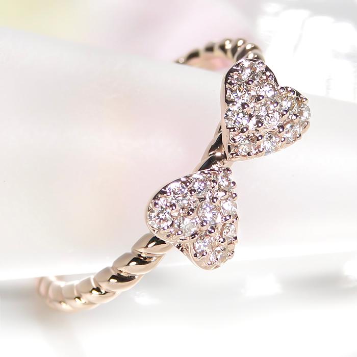 K18YG/PG/WG【0.2ct】ハートリボン ダイヤモンド リング ジュエリー アクセサリー レディース ハート パヴェ ツイスト アーム ４月誕生石 りぼん リボン ber0232の画像