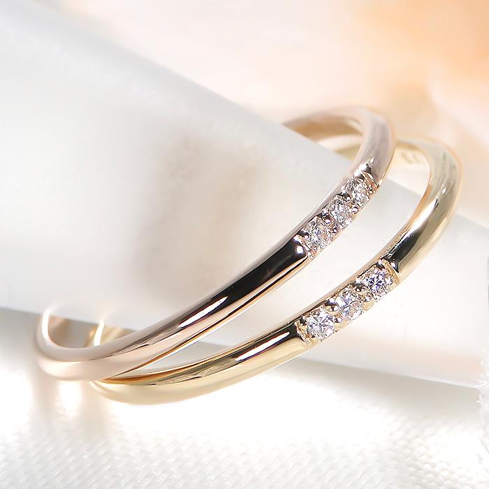 K18YG PG WG 0.03ct ダイヤモンド リング ジュエリー ダイヤ ゴールド イエロー ホワイト ピンク 重ね着け レイヤード 普段使い デイリー 3粒 ber0369の画像