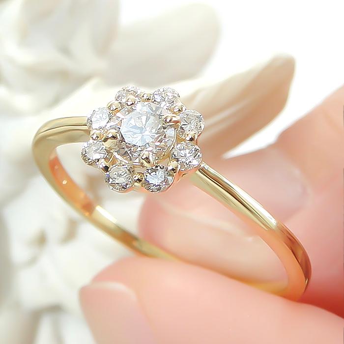K18YG PG WG 0.30ct フラワー ダイヤモンド リング ダイヤ ゴールド