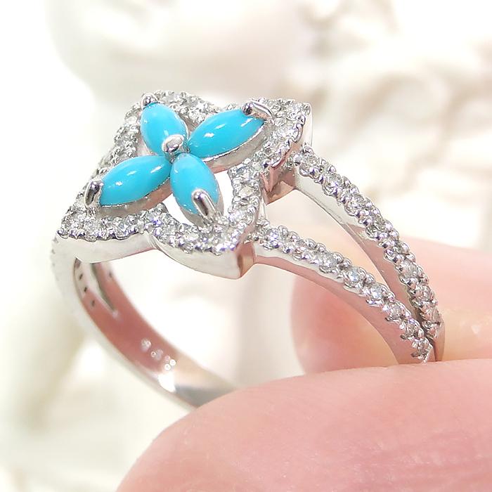Pt900 トルコ石 ダイヤモンド リング 0.25ct 送料無料 レディース ジュエリー アクセサリー 指輪 プラチナ ターコイズ ダイヤ フラワー 花 クローバー ber0451の画像