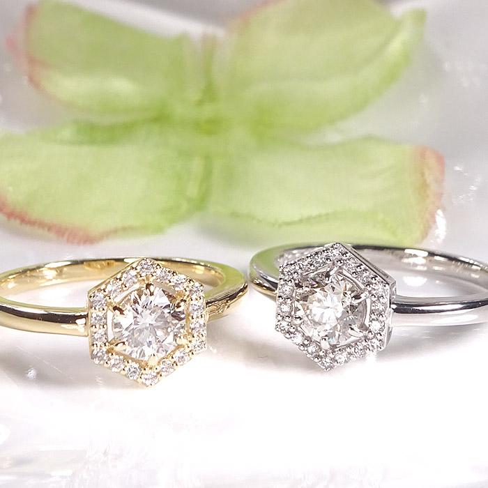 K18 YG PG WG 0.60ct 六角形モチーフ ダイヤモンド リング 送料無料