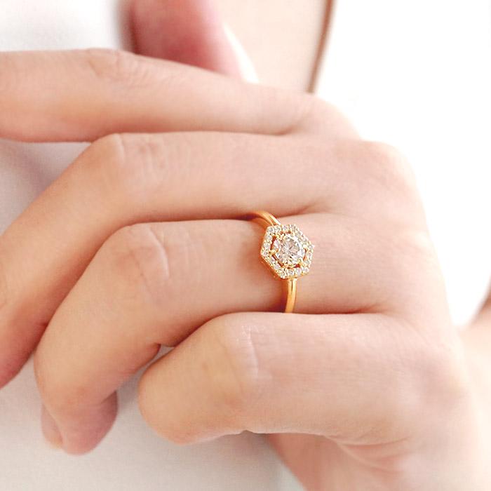 K18 YG PG WG 0.60ct 六角形モチーフ ダイヤモンド リング 送料無料