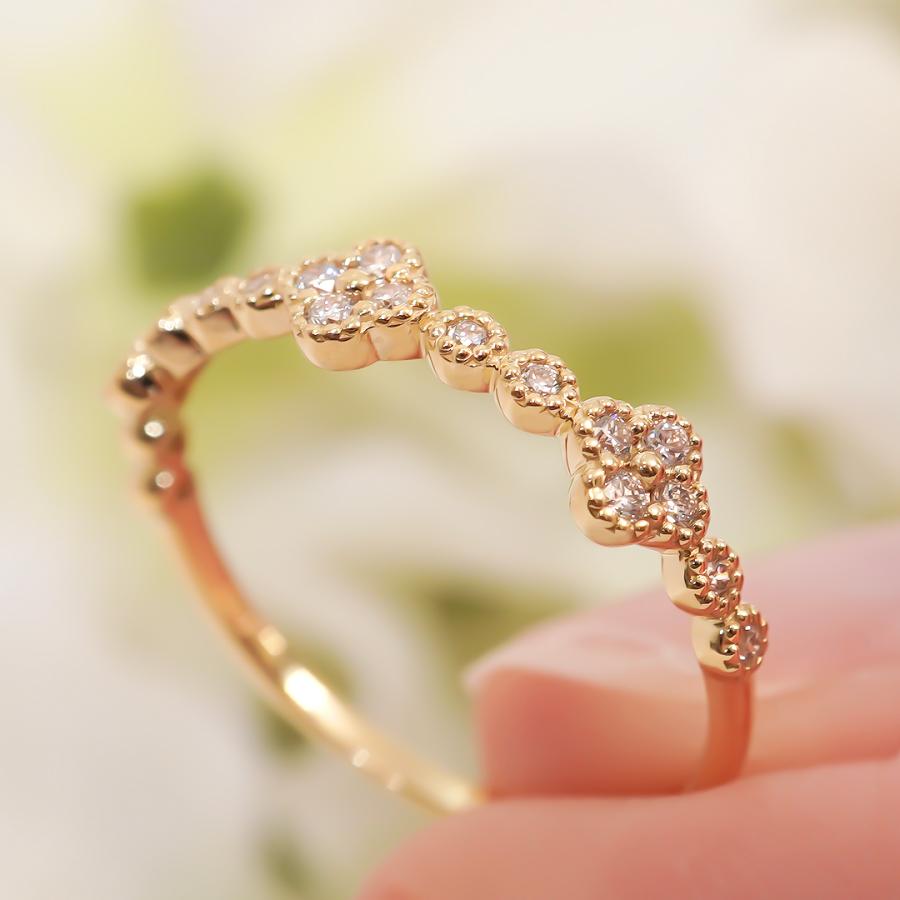 K18YG【0.15ct】 フラワー ダイヤモンド リング 送料無料 ジュエリー K18 18金 イエローゴールド ダイヤ ダイア 4月 誕生石 花 人気 ミル打ち 華やか ber0480の画像