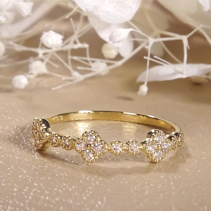 K18YG【0.15ct】 フラワー ダイヤモンド リング 送料無料 ジュエリー K18 18金 イエローゴールド ダイヤ ダイア 4月 誕生石 花 人気 ミル打ち 華やか ber0480の画像