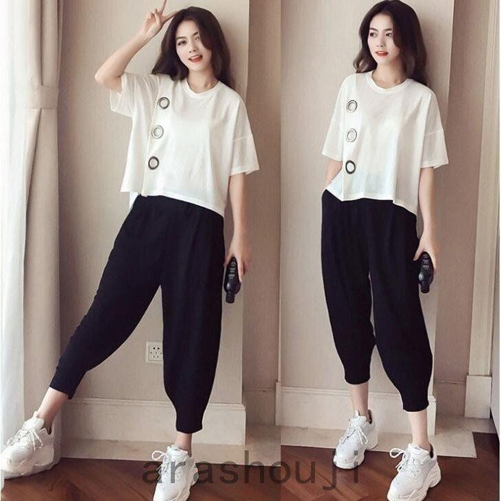 ジャージセットアップレディース春夏40代きれいめ上下セットtシャツ半袖九分丈パンツ運動服部屋着韓国風カジュアルお洒落 通販激安