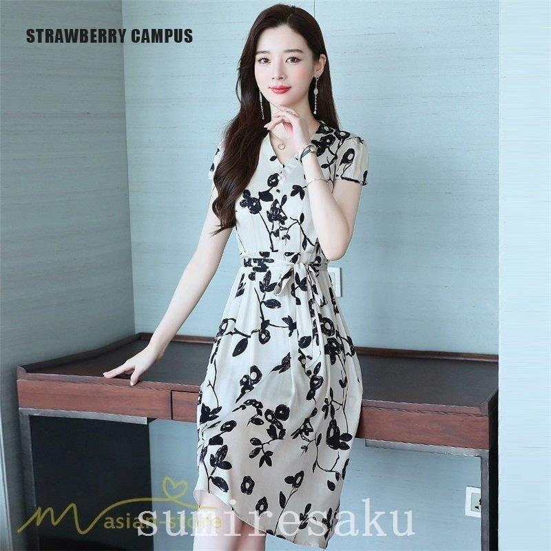 ワンピース膝丈カジュアルレディース花柄半袖ｖネックミディアムワンピイースaラインワンピース上品夏サマーワンピースきれいめ50代30代40代 大特価放出