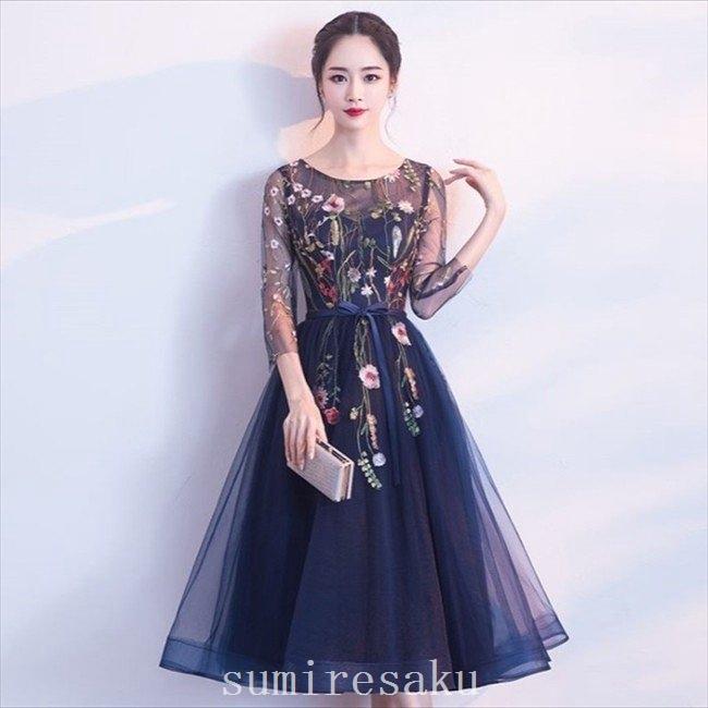 パーティードレスレディース刺繍レトロネイビーワンピースワンピ結婚式パーティ成人式社交お呼ばれ花嫁二次会ドレスフォーマルカラードレス パーティドレス 二次会結婚式成人式花嫁披露宴ブライダルウエディング Sum パーティードレスレディース刺繍レトロ
