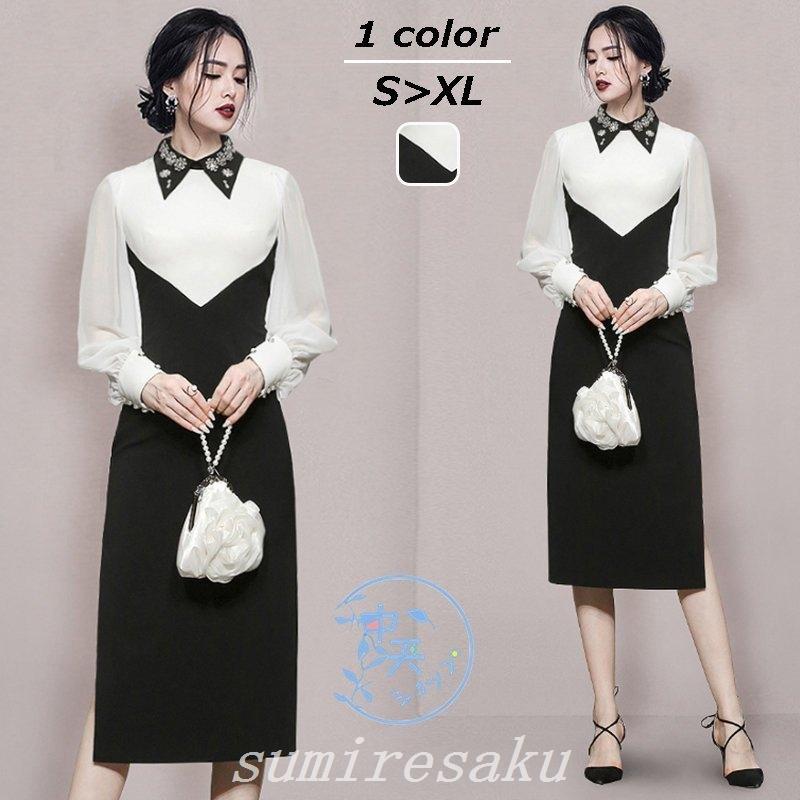 タイトワンピース結婚式韓国風長袖春パーティードレス夏スリットシフォン切り替えタイトワンピース膝丈夏着痩せ上品代30代二次会発表会お食事会 セール 登場から人気沸騰