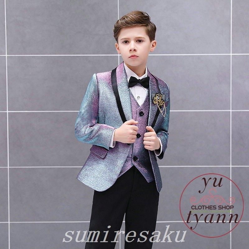 代引可 卒業式入学式スーツ男の子ジャケットベストズボン細身フォーマル卒園式入園式子供スーツ4点セット スーツ ブレザー カラー パープル