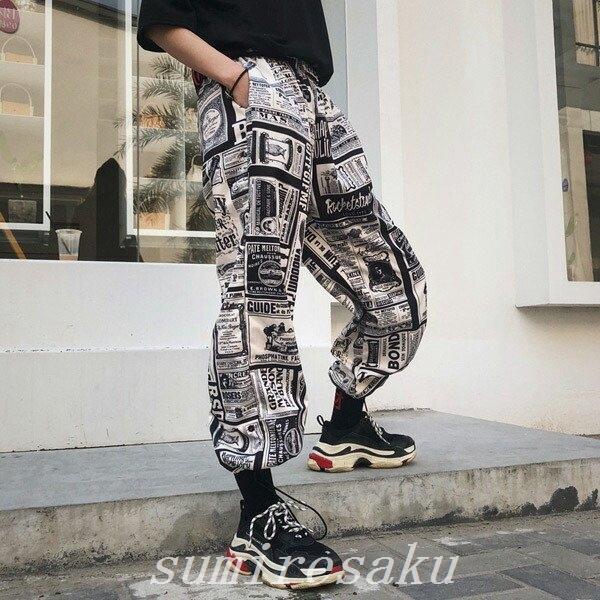 ロングパンツウエストゴムドロストモノトーン外国風レトロアート総柄ストリートボトムス Qcz5hefnh6 ファッション Esquelles Org