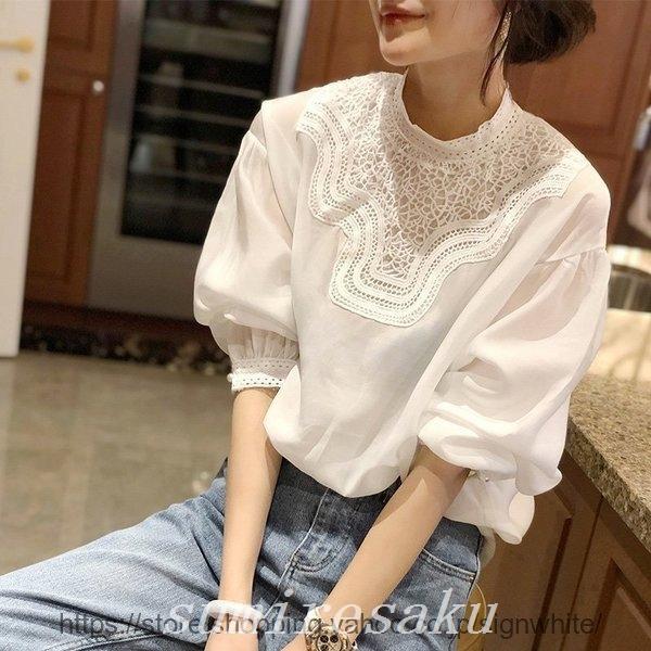 レディースブラウス秋新作40代白tシャツオシャレブラウス白レースブラウス長袖トップス大人パフスリーブ韓国風上品 激安特価