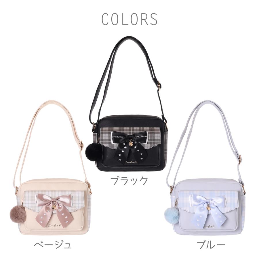 ショルダー ネコ チェック リボン ポンポン チャーム 合皮 Coboca+