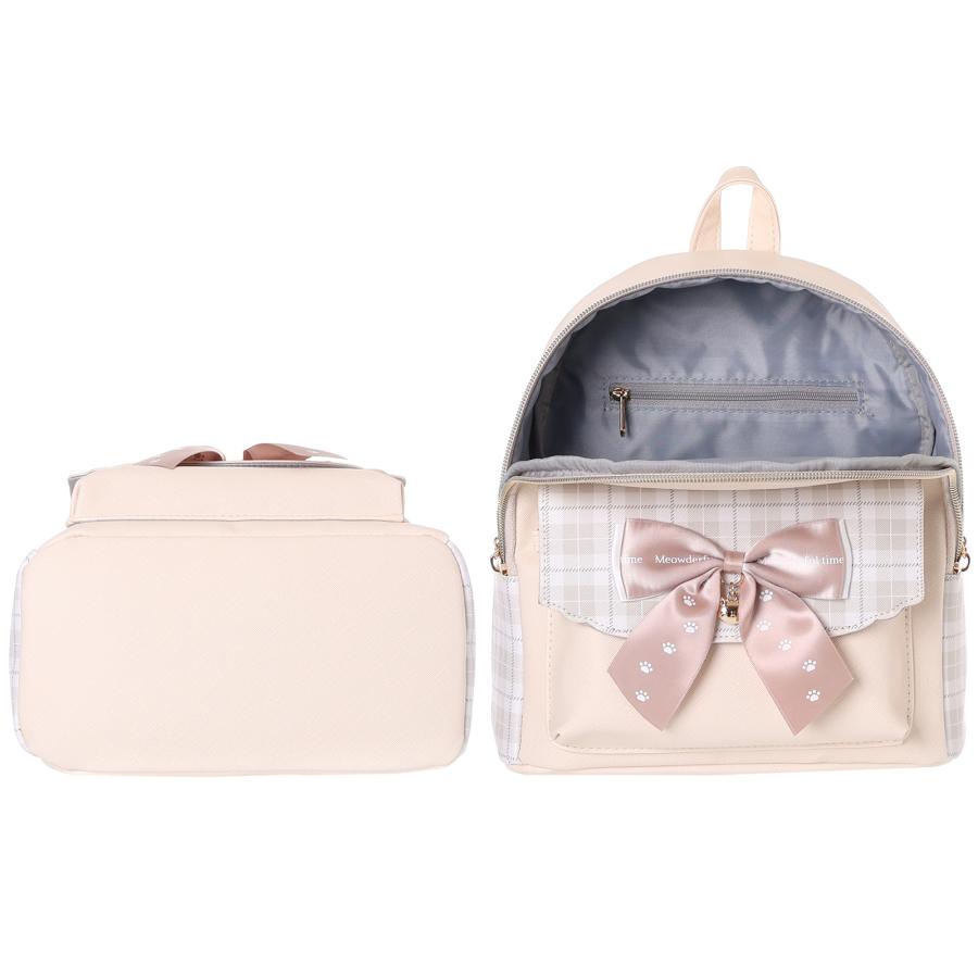 ディパック ネコ リボン チェック ポンポン チャーム 合皮 Coboca+