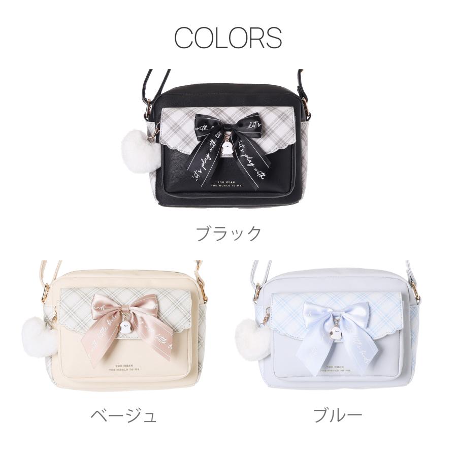 合皮チェック シマエナガ リボン付き 前ポケットショルダー かわいい
