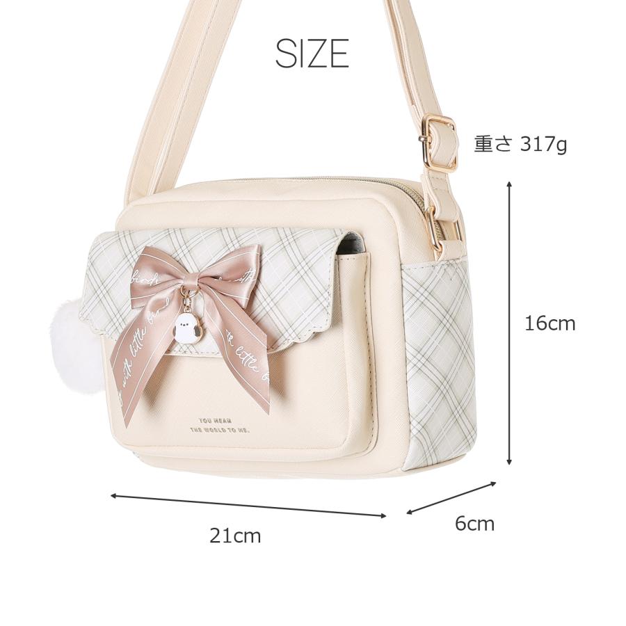 合皮チェック シマエナガ リボン付き 前ポケットショルダー かわいい