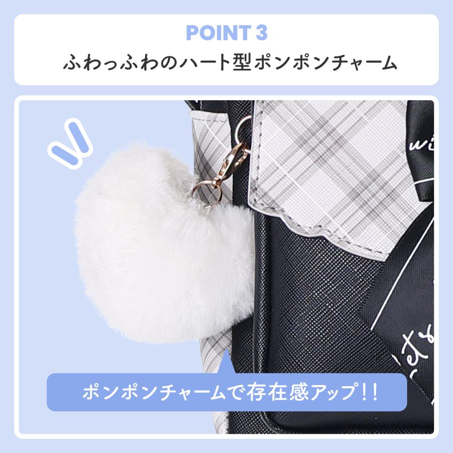 合皮チェック シマエナガ リボン付き 前ポケットショルダー かわいい