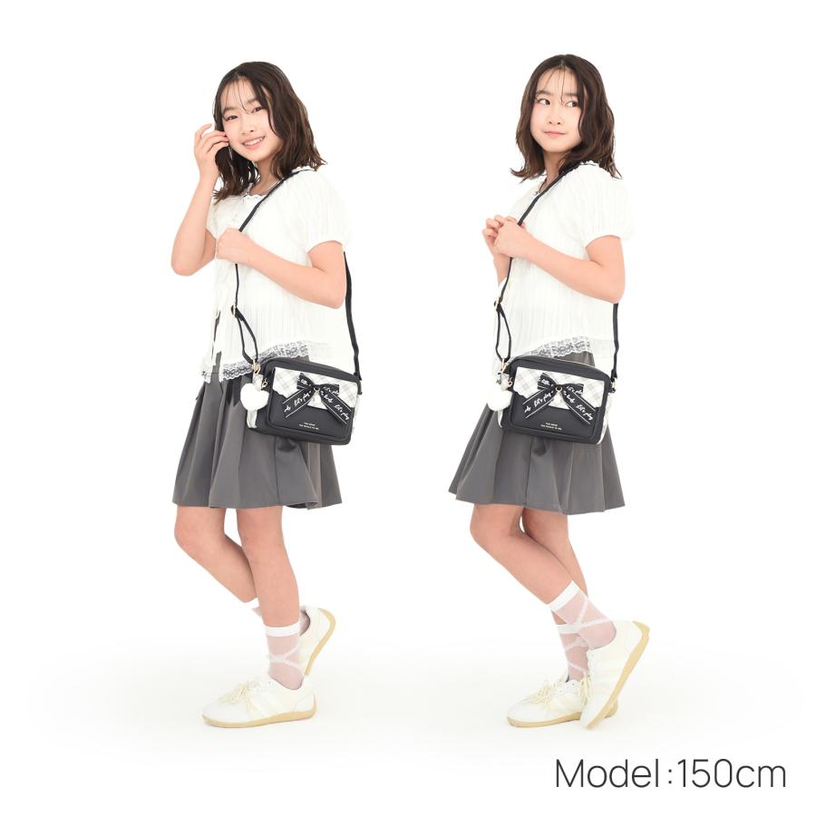 合皮チェック シマエナガ リボン付き 前ポケットショルダー かわいい