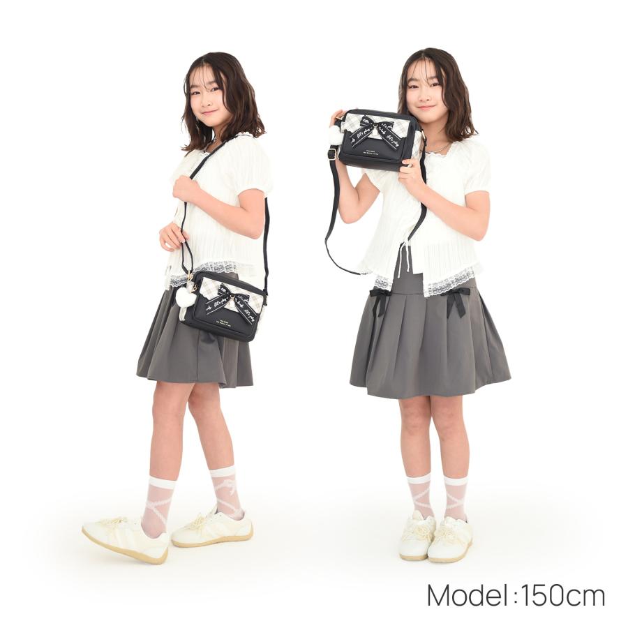 合皮チェック シマエナガ リボン付き 前ポケットショルダー かわいい