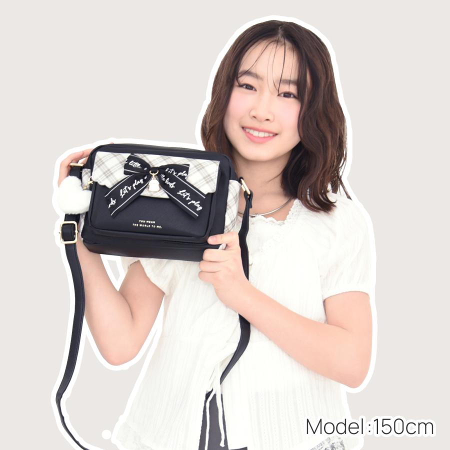 合皮チェック シマエナガ リボン付き 前ポケットショルダー かわいい