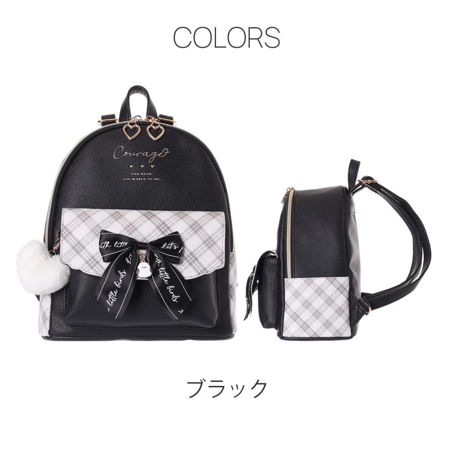 合皮チェック シマエナガ リボン付き ミニデイパック リュック
