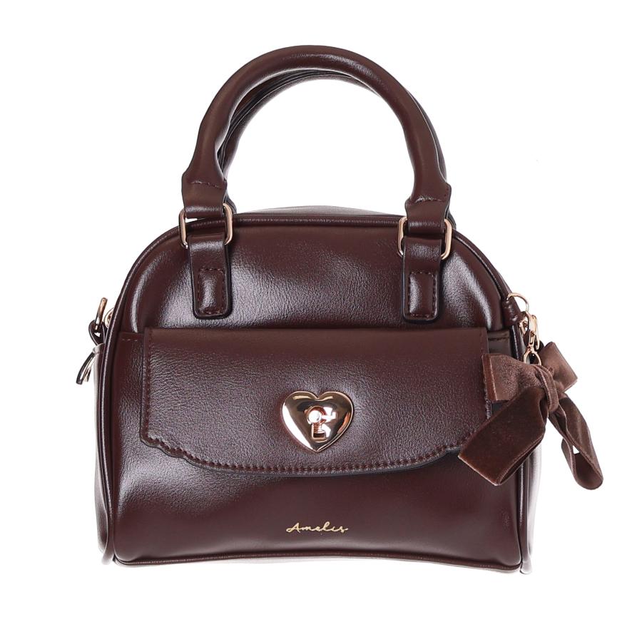 合皮 ハート ロック リボン 2WAY 小さめ ボストン バッグ ブラック 黒