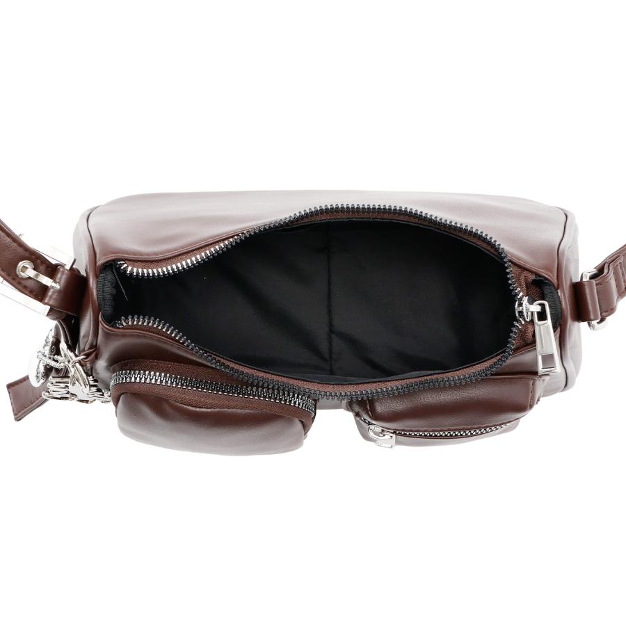 ダブルポケット 英字チャーム付 ショルダー バッグ 合皮 ミニバッグ