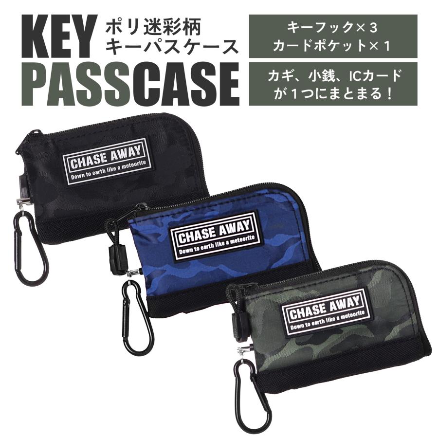 子供用 キーケース キーパスケース リール付き 通学 定期入れ ポリ迷彩
